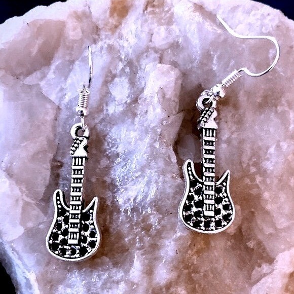 Jewelry - Tibetan Silver Detailed Guitar Hook Earrings-Gift Music Artist Rockstar Musician